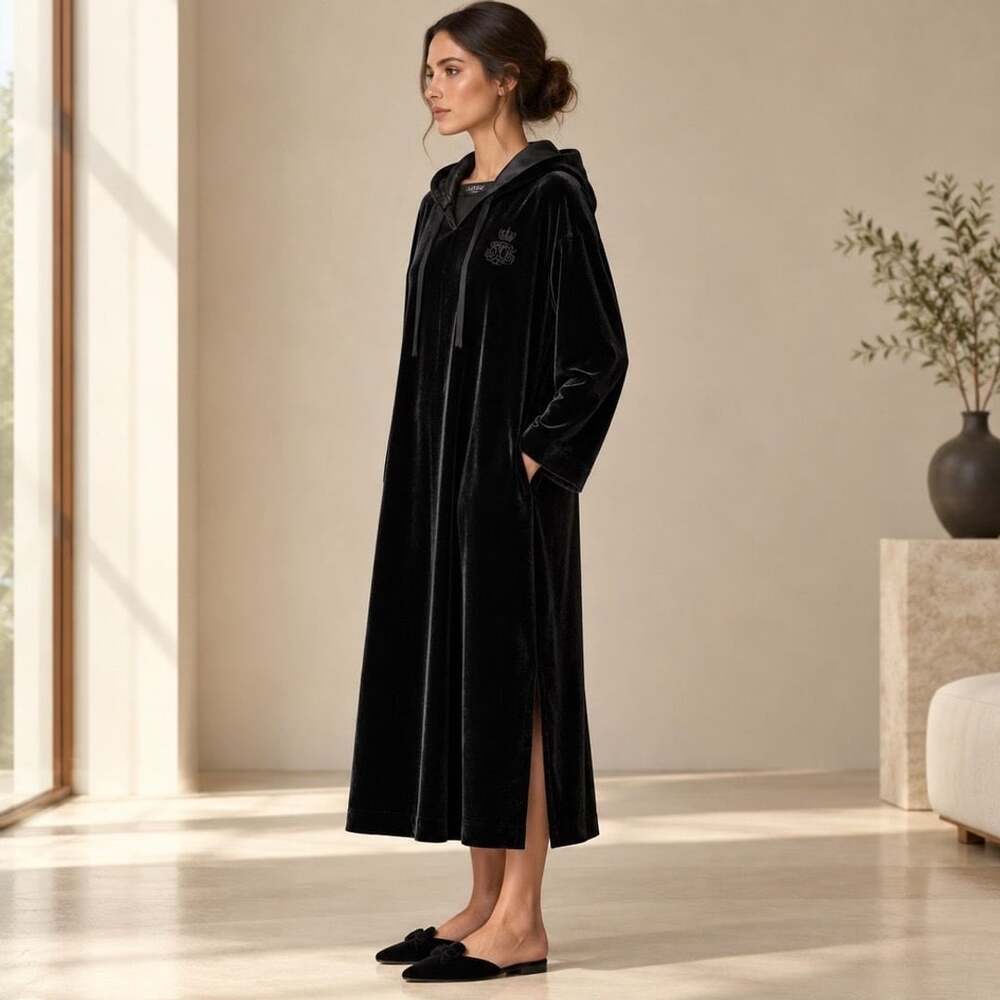 Lauren Ralph Lauren Velvet Hooded Caftan Robe Size L Black Loungewear